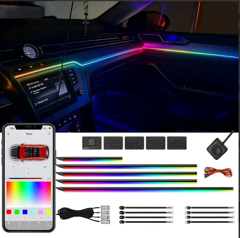 Kit Lumini Ambientale Auto RGB Symphony 18‑în‑1, 64 Culori, Control App + Boxe RGB 15cm