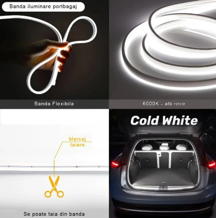 Bandă LED Auto pentru Portbagaj, 5M Alb Rece, Aprindere Automată