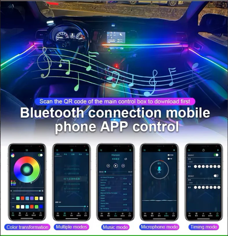 Kit Lumini Ambientale Auto RGB Symphony 18‑în‑1, 64 Culori, Control App + Boxe RGB 15cm