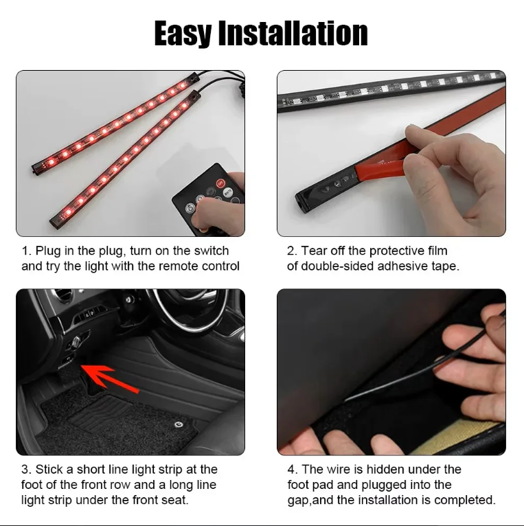 Set Lumini Ambient Auto RGB pentru Podea, 12V, Telecomandă Inclusă